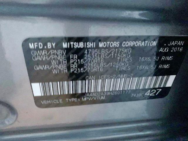 JA4AD2A39HZ601177 - 2017 MITSUBISHI OUTLANDER GRAY photo 9