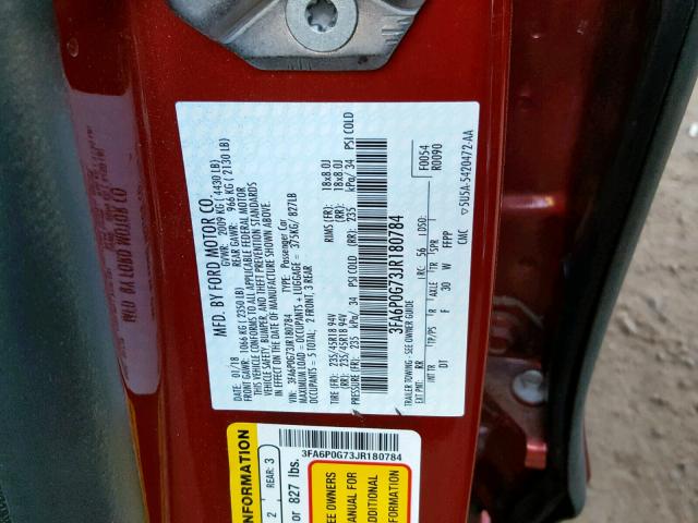 3FA6P0G73JR180784 - 2018 FORD FUSION S RED photo 10
