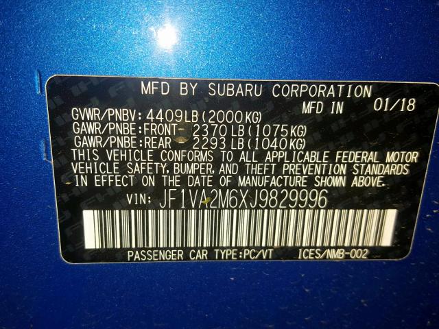 JF1VA2M6XJ9829996 - 2018 SUBARU WRX STI BLUE photo 10