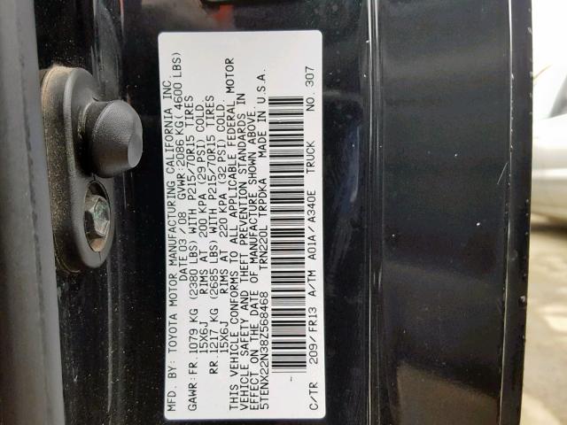 5TENX22N38Z568468 - 2008 TOYOTA TACOMA BLACK photo 10