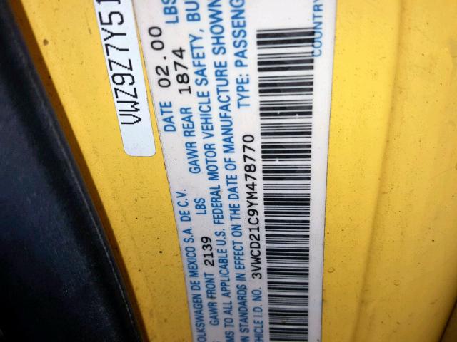 3VWCD21C9YM478770 - 2000 VOLKSWAGEN NEW BEETLE YELLOW photo 10