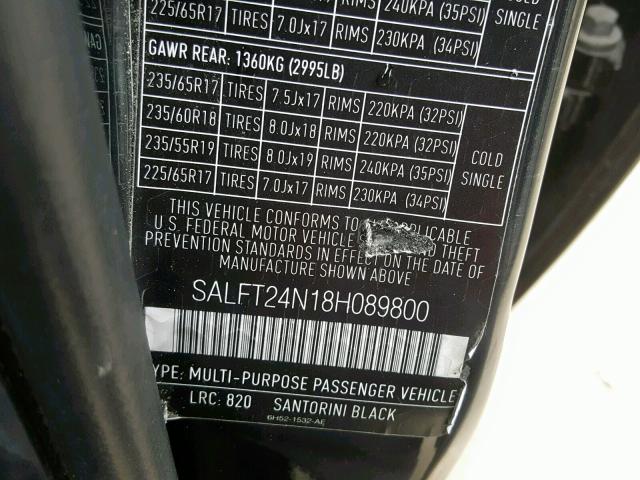 SALFT24N18H089800 - 2008 LAND ROVER LR2 HSE TE BLACK photo 10