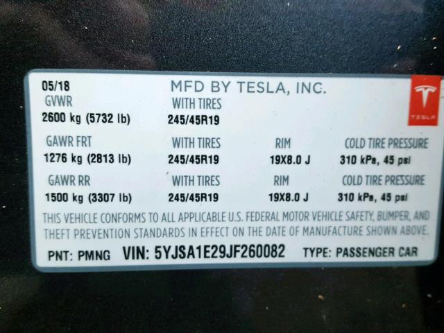 5YJSA1E29JF260082 - 2018 TESLA MODEL S GRAY photo 10