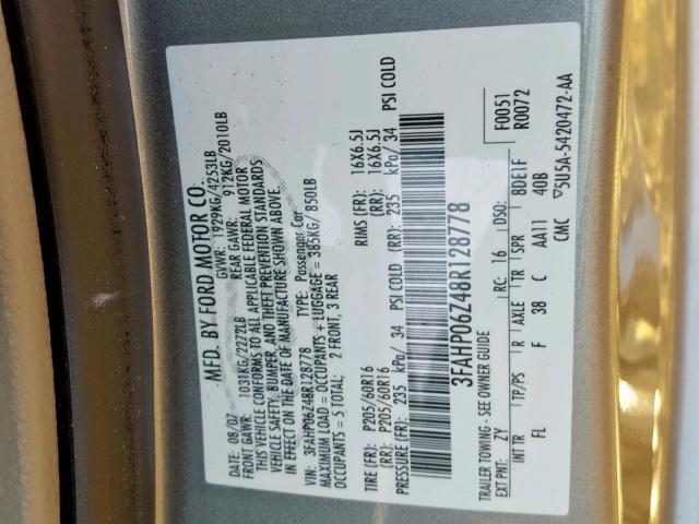 3FAHP06Z48R128778 - 2008 FORD FUSION S GRAY photo 10