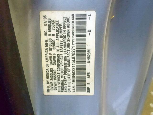 1HGEM22115L070271 - 2005 HONDA CIVIC DX V SILVER photo 10