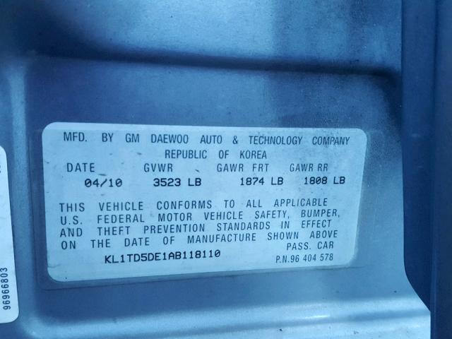 KL1TD5DE1AB118110 - 2010 CHEVROLET AVEO LS GRAY photo 10