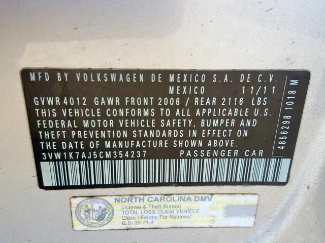 3VW1K7AJ5CM354237 - 2012 VOLKSWAGEN JETTA BASE 银色 照片 10