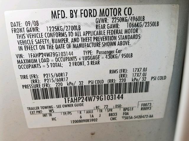 1FAHP24W79G103144 - 2009 FORD TAURUS SEL WHITE photo 10