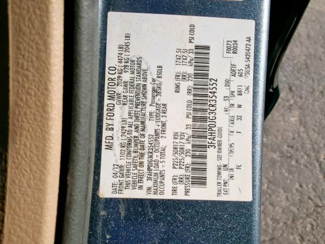 3FAHP0JG3CR354552 - 2012 FORD FUSION SEL BLUE photo 10