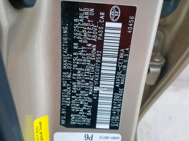 4T1BF1FK6CU079592 - 2012 TOYOTA CAMRY BASE GOLD photo 10