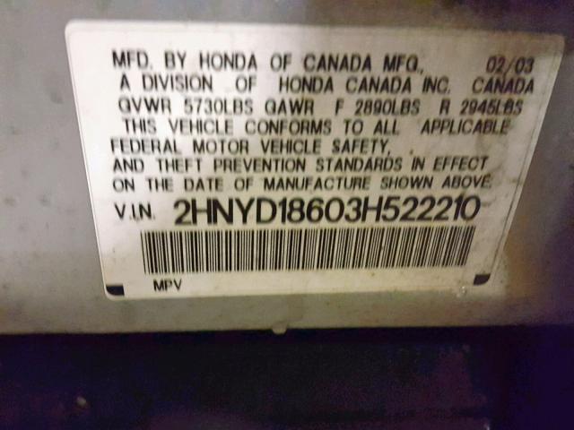 2HNYD18603H522210 - 2003 ACURA MDX TOURIN SILVER photo 10