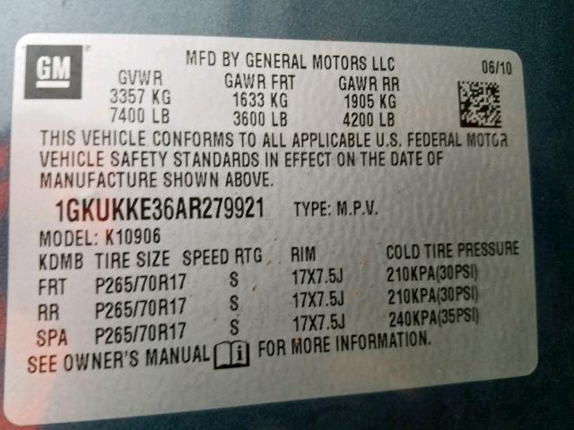 1GKUKKE36AR279921 - 2010 GMC YUKON XL K BLUE photo 10