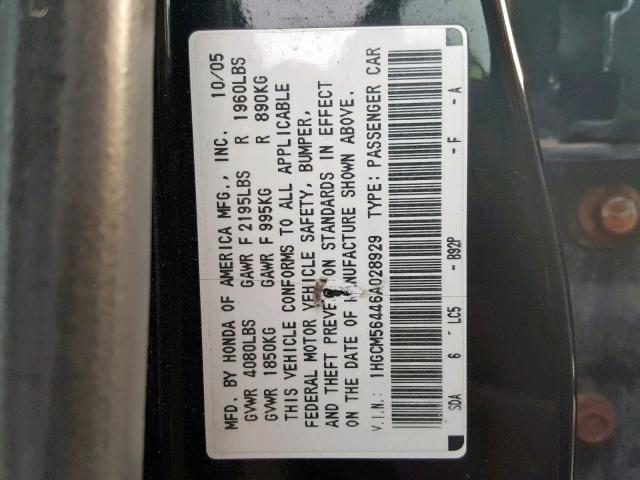 1HGCM56446A028929 - 2006 HONDA ACCORD LX BLACK photo 10