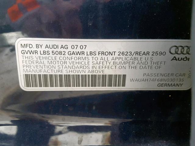 WAUAH74F68N030135 - 2008 AUDI A6 3.2 BLACK photo 10