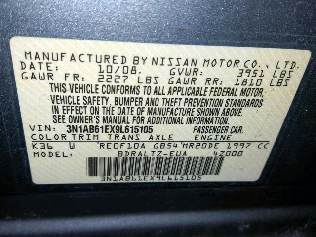 3N1AB61EX9L615105 - 2009 NISSAN SENTRA 2.0 GRAY photo 10