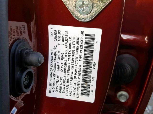 2HGFB2F92FH541630 - 2015 HONDA CIVIC EXL MAROON photo 10