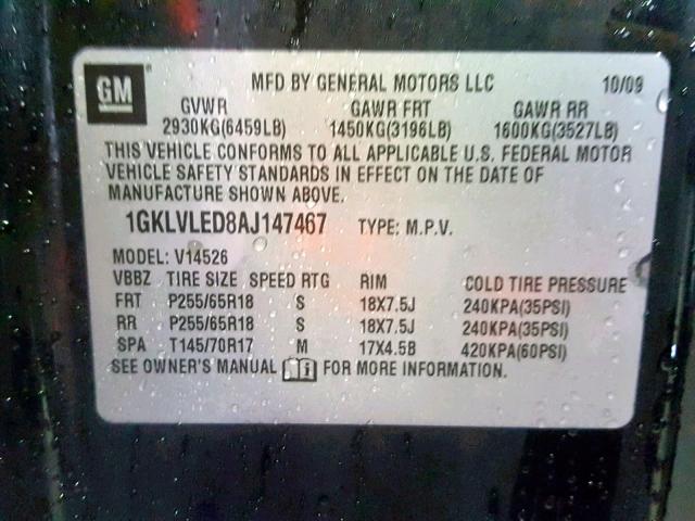 1GKLVLED8AJ147467 - 2010 GMC ACADIA SLE BLACK photo 10