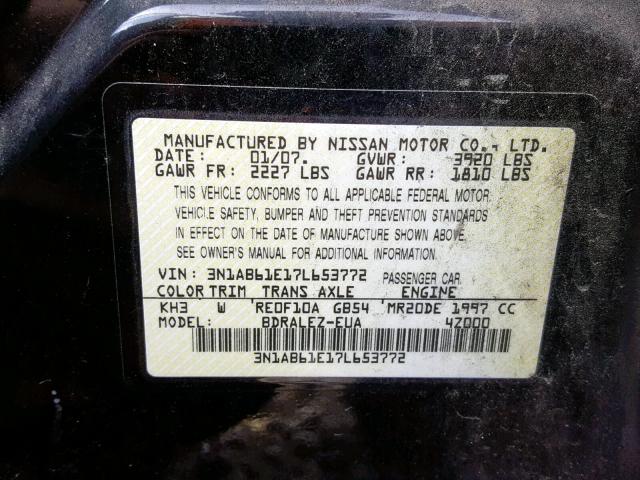 3N1AB61E17L653772 - 2007 NISSAN SENTRA 2.0 BLACK photo 10