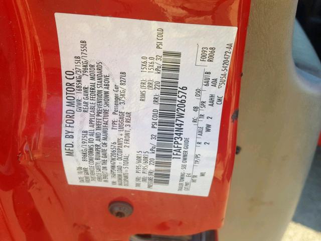 1FAFP34N47W206576 - 2007 FORD FOCUS ZX4 RED photo 10