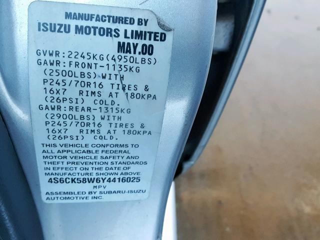 4S6CK58W6Y4416025 - 2000 HONDA PASSPORT E 银色 照片 10