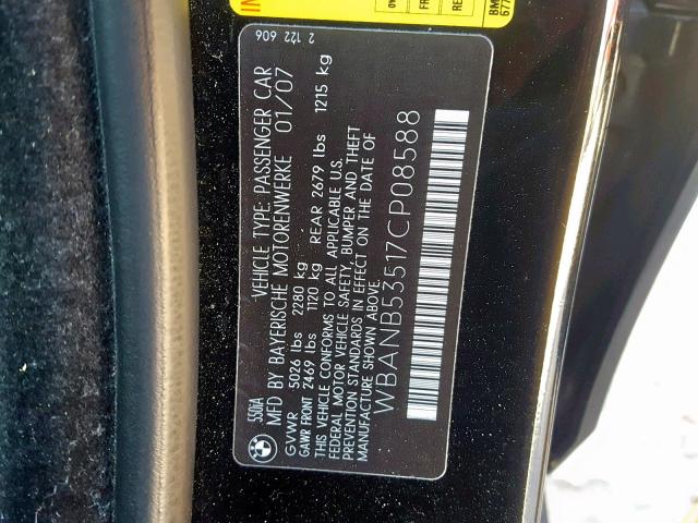 WBANB53517CP08588 - 2007 BMW 550 I BLACK photo 10