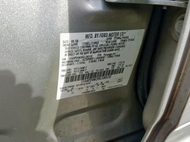 1FAHP24W39G100550 - 2009 FORD TAURUS SEL SILVER photo 10