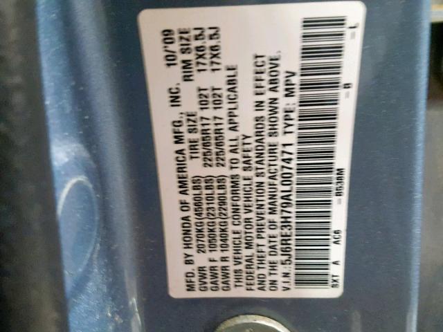 5J6RE3H79AL007471 - 2010 HONDA CR-V EXL BLUE photo 10