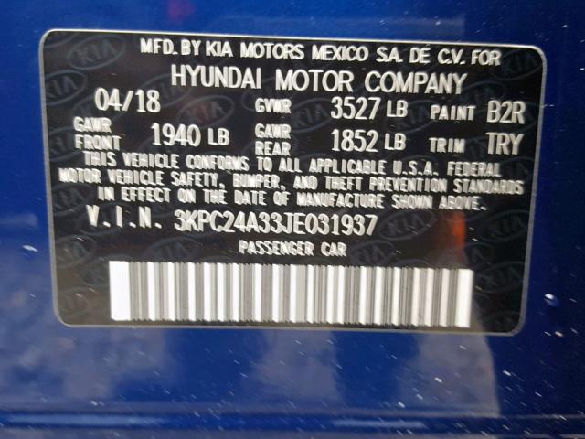 3KPC24A33JE031937 - 2018 HYUNDAI ACCENT SEL BLUE photo 10