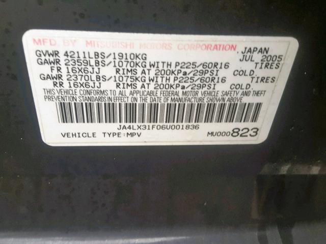 JA4LX31F06U001836 - 2006 MITSUBISHI OUTLANDER BLACK photo 10