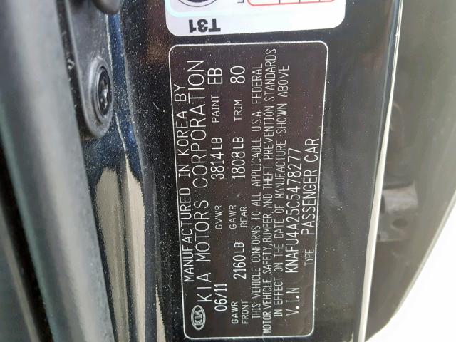 KNAFU4A25C5478277 - 2012 KIA FORTE EX BLACK photo 10