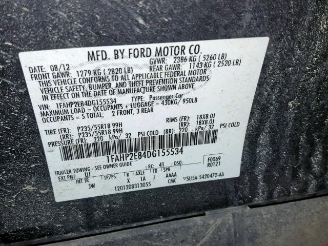 1FAHP2E84DG155534 - 2013 FORD TAURUS SEL SILVER photo 10