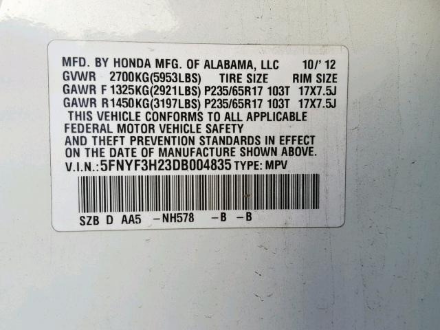 5FNYF3H23DB004835 - 2013 HONDA PILOT LX WHITE photo 10