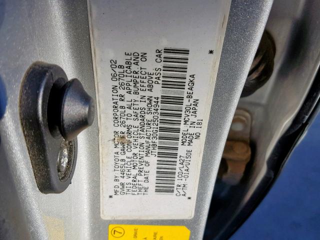 JTHBF30G125034944 - 2002 LEXUS ES 300 SILVER photo 10