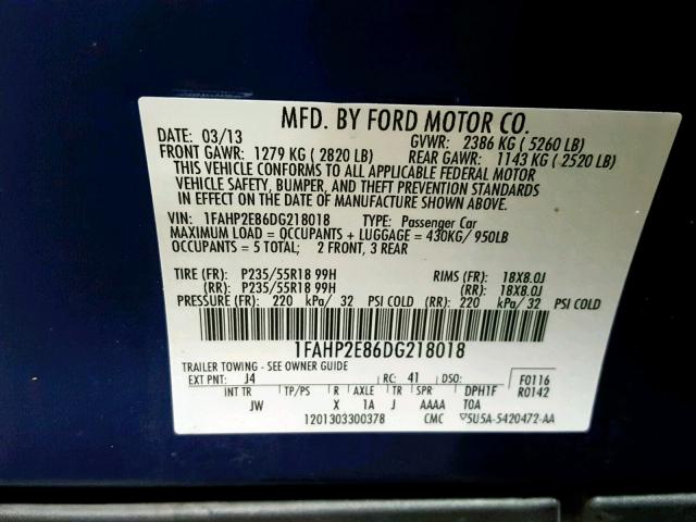 1FAHP2E86DG218018 - 2013 FORD TAURUS SEL BLUE photo 10