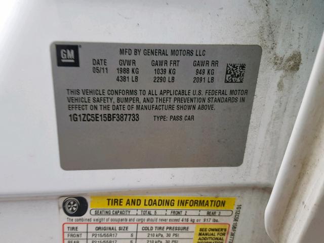 1G1ZC5E15BF387733 - 2011 CHEVROLET MALIBU 1LT WHITE photo 10