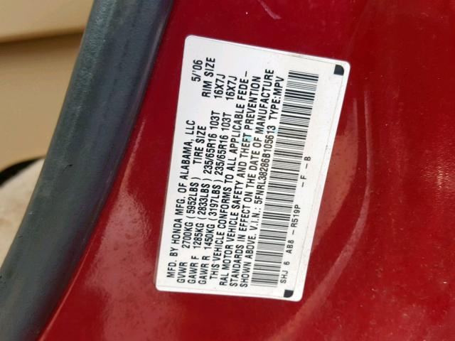 5FNRL38286B105613 - 2006 HONDA ODYSSEY LX RED photo 10