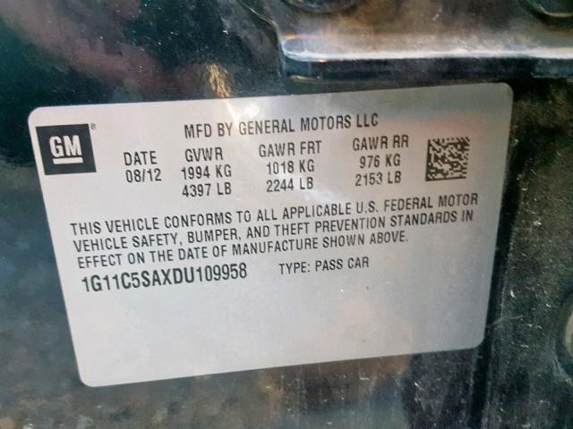 1G11C5SAXDU109958 - 2013 CHEVROLET MALIBU 1LT BLACK photo 10