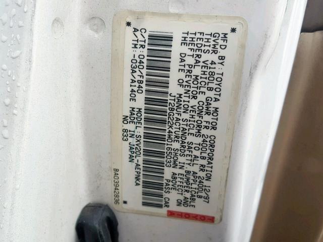 JT2BG22K4W0165033 - 1998 TOYOTA CAMRY CE WHITE photo 10