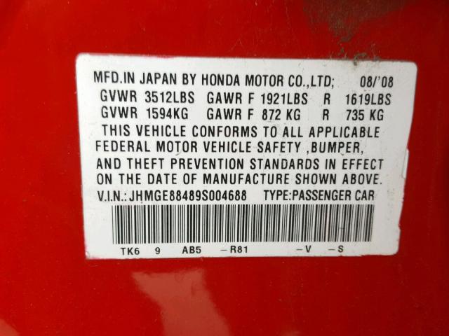 JHMGE88489S004688 - 2009 HONDA FIT SPORT RED photo 10