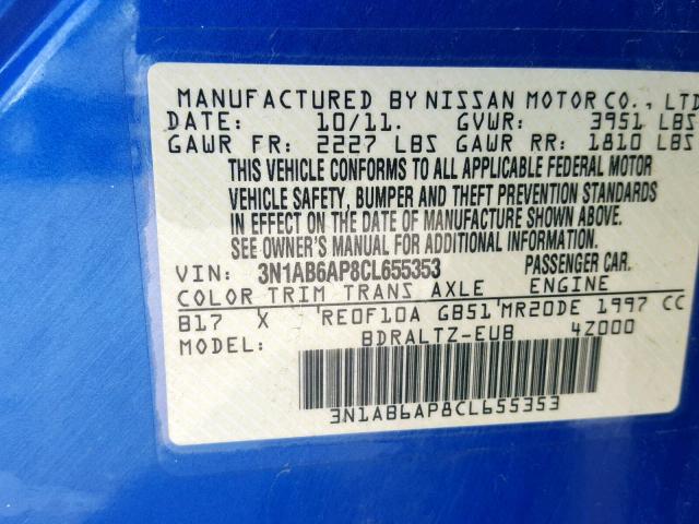 3N1AB6AP8CL655353 - 2012 NISSAN SENTRA 2.0 BLUE photo 10