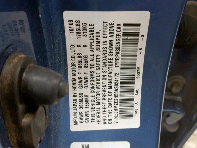 JHMZE2H53AS024172 - 2010 HONDA INSIGHT LX BLUE photo 10