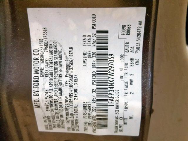 1FAFP34NX7W297059 - 2007 FORD FOCUS ZX4 GRAY photo 10