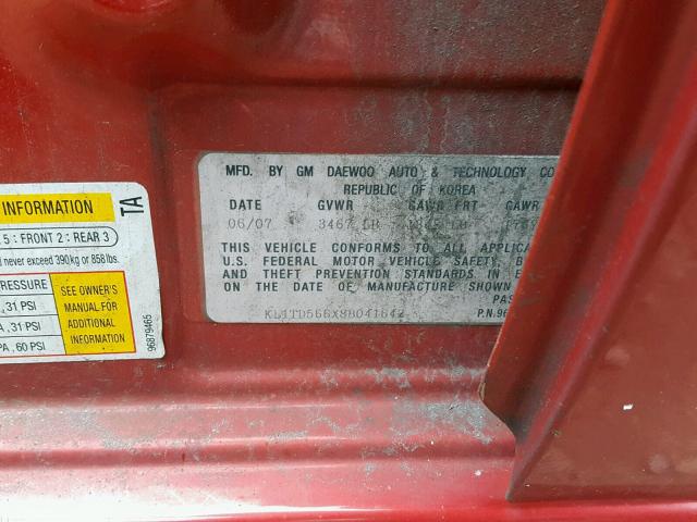 KL1TD566X8B041642 - 2008 CHEVROLET AVEO BASE Bordo foto 10