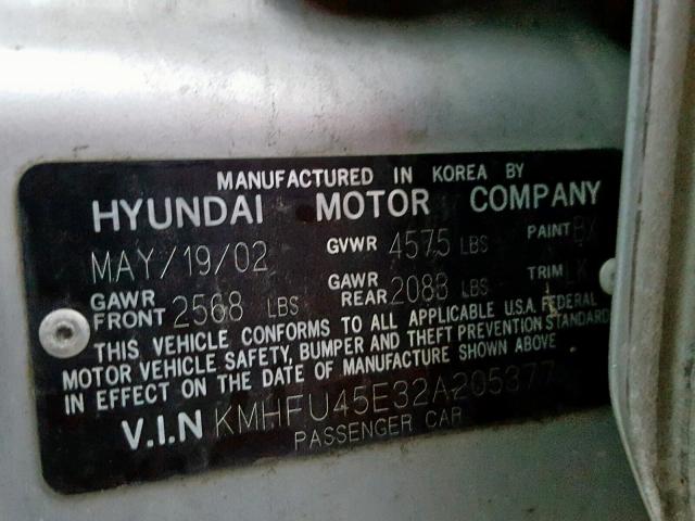 KMHFU45E32A205377 - 2002 HYUNDAI XG 350 SILVER photo 10