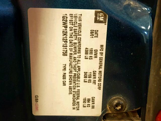 1G2WP12K12F131758 - 2002 PONTIAC GRAND PRIX TEAL photo 10
