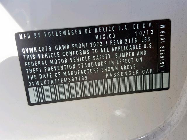 3VW2K7AJ1EM387789 - 2014 VOLKSWAGEN JETTA BASE WHITE photo 10