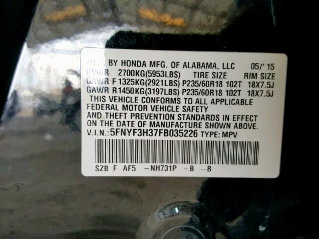 5FNYF3H37FB035226 - 2015 HONDA PILOT SE BLACK photo 10