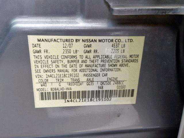 1N4CL21E18C195102 - 2008 NISSAN ALTIMA HYB GRAY photo 10