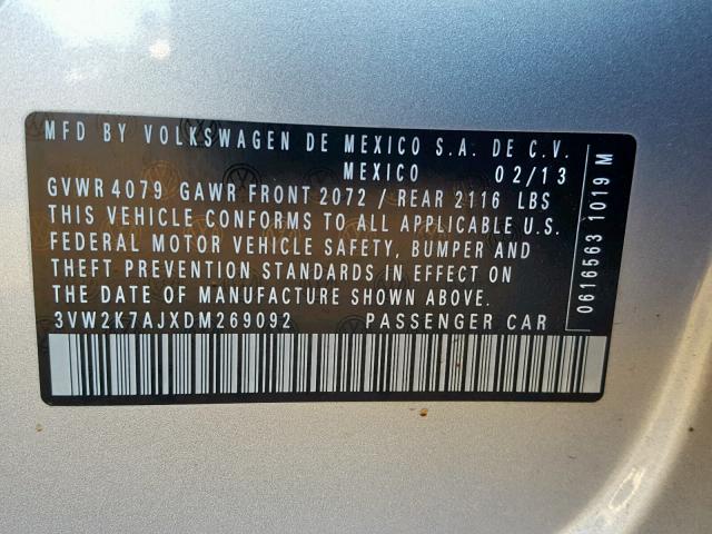 3VW2K7AJXDM269092 - 2013 VOLKSWAGEN JETTA BASE Արծաթագույն լուսանկար 10
