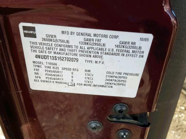 4NUDT13S162702079 - 2006 ISUZU ASCENDER S 勃艮第红 照片 10